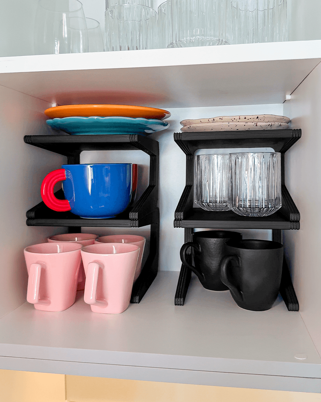 3D Printed Shelf Riser – Cabinet & Pantry Organizer for Mugs, Cups, Plates & More